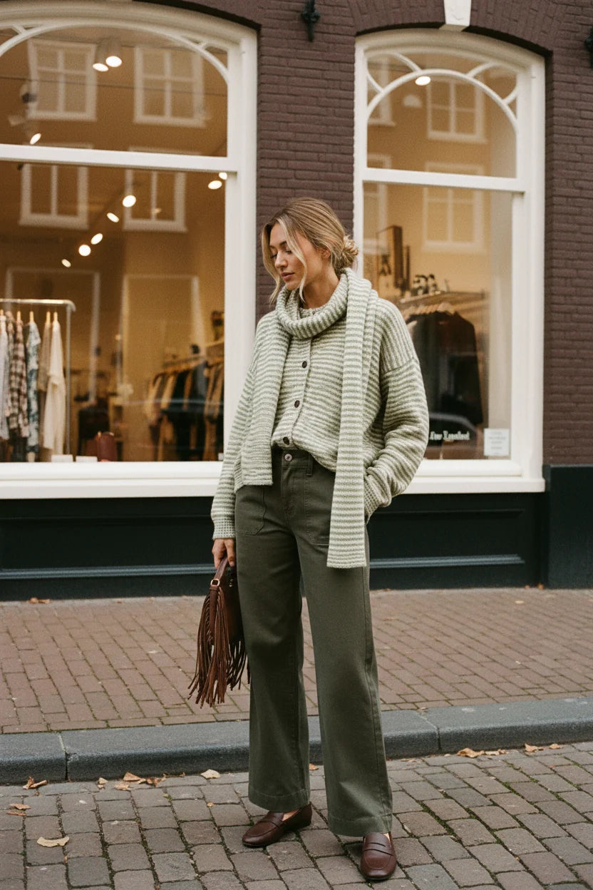 Afinity gestreifter Strickcardigan mit Schal Grün-Ecru