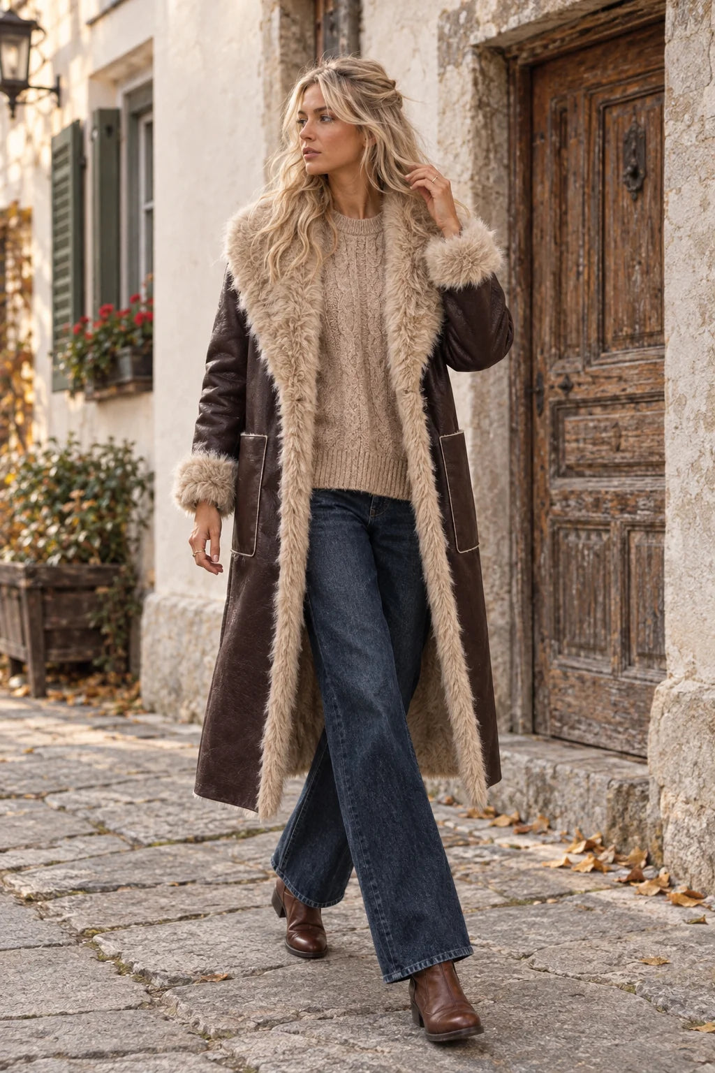 Cherry Paris Mantel Agneska in Lammfelloptik Braun-Beige