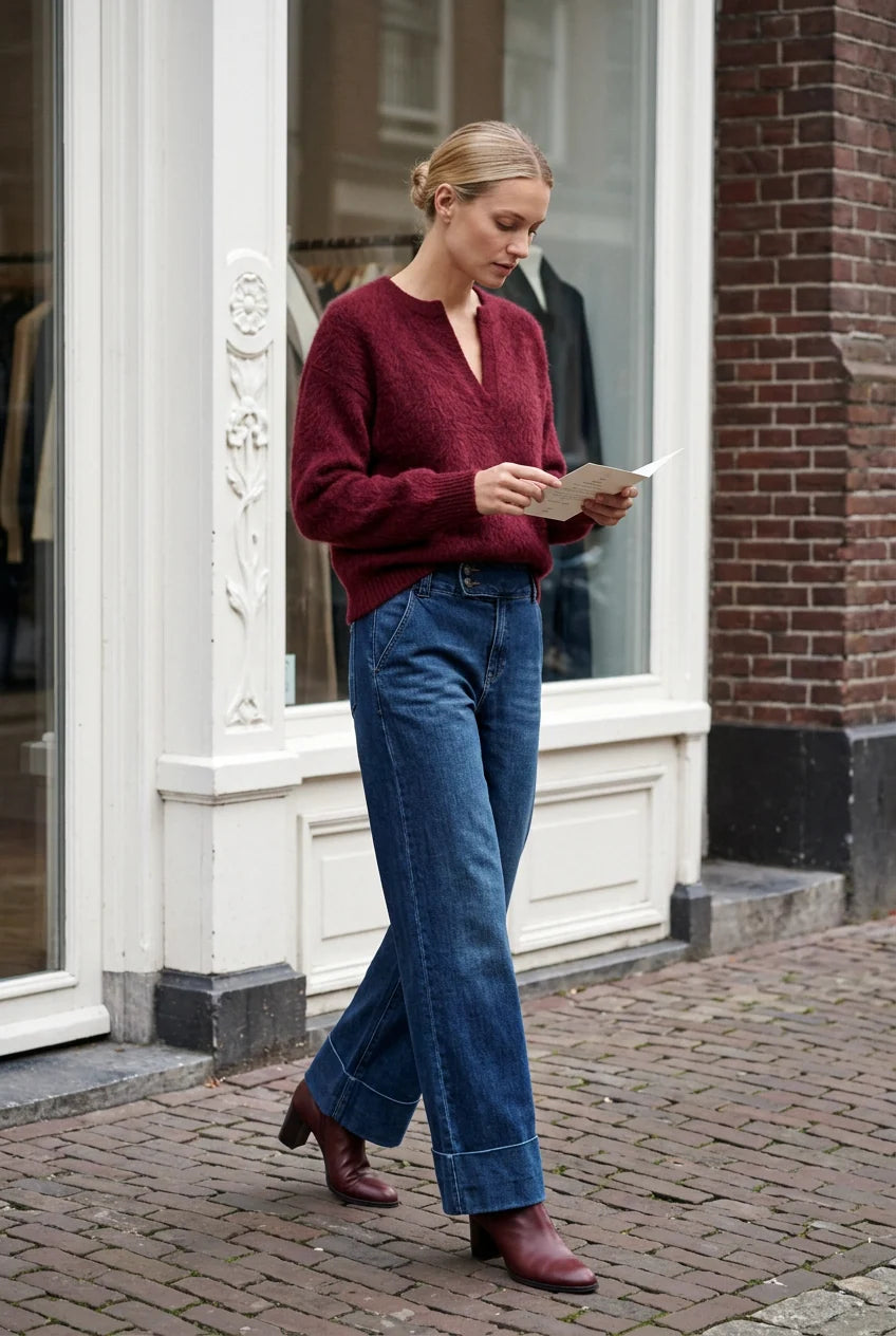 Tamba Flauschiger Angora-Strickpullover mit V-Ausschnitt in Bordeaux – lockere Passform