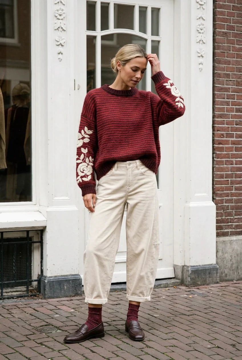 Afinity Strickpullover Audrey mit Blumenstickerei Rouge – lockerer Schnitt
