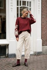 Afinity Strickpullover Audrey mit Blumenstickerei Rouge – lockerer Schnitt