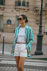 Lanidor Long-Blouse Türkis gestreift mit Tropicalprint