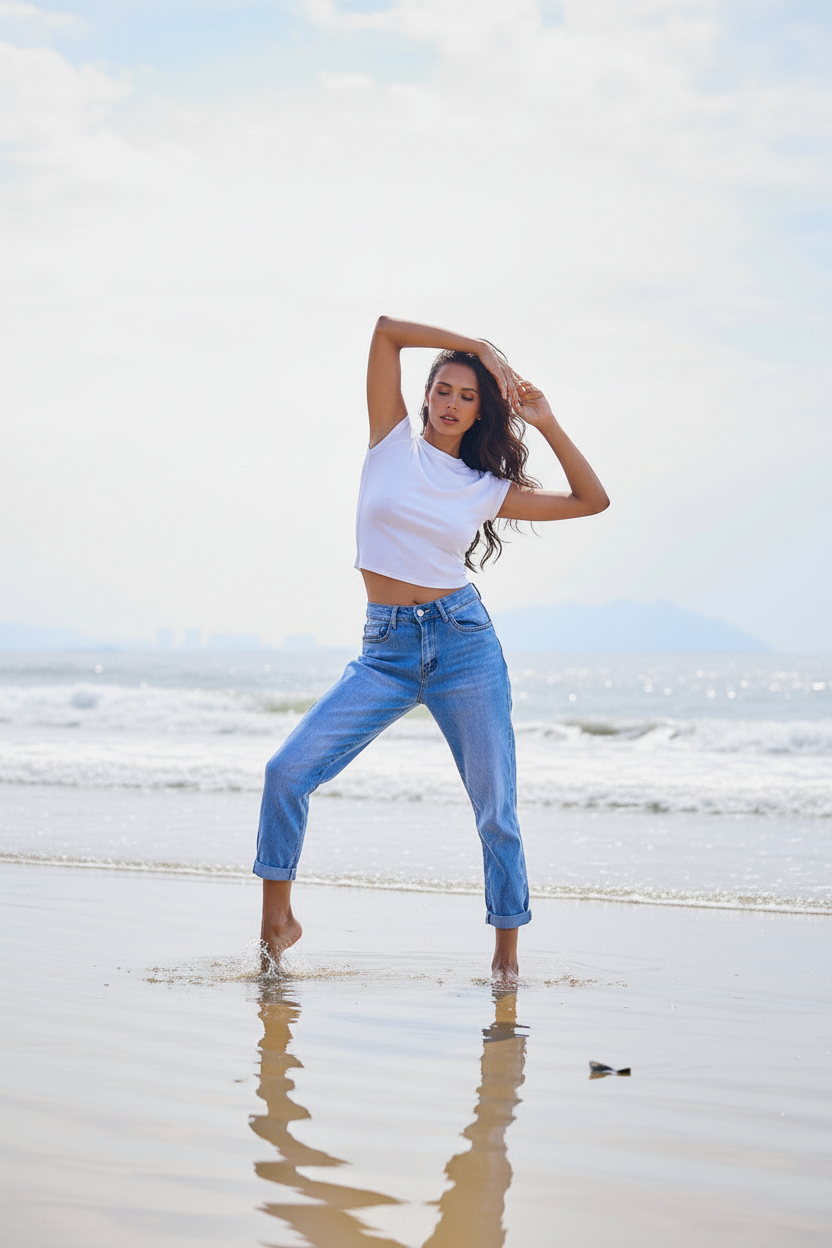 ANA & LUCY Jeans dynamische Pose mit weißem Top