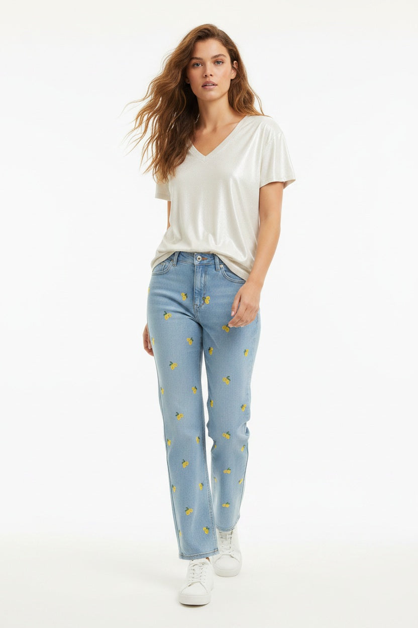 Ange Paris Jeans Picitron Hellblau mit Zitronenstickerei