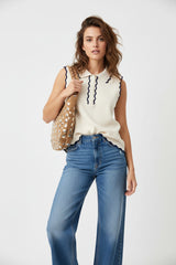 Ange Paris Feinstrick-Top Ecru ärmellos mit Polokragen