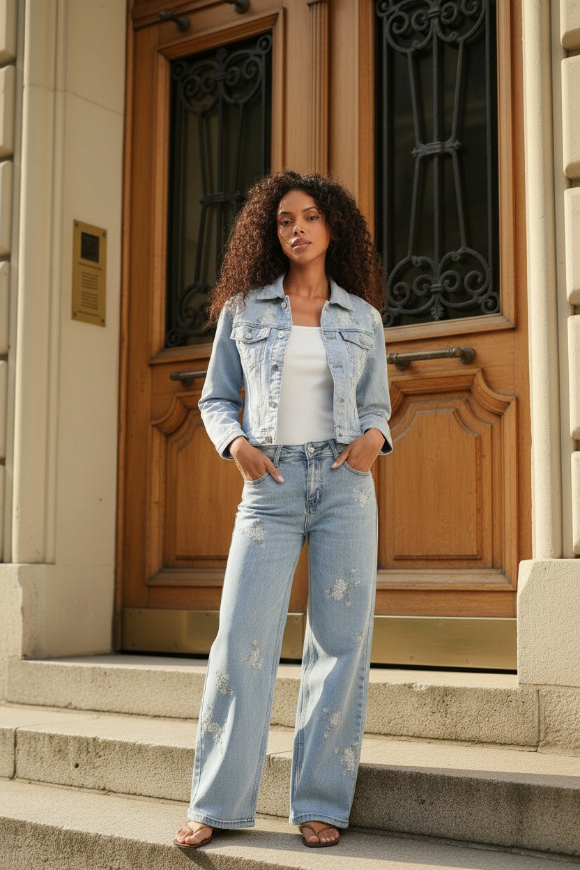 An'ge Paris Jeansjacke Pfiffeuille Hellblau mit Blütenstickerei