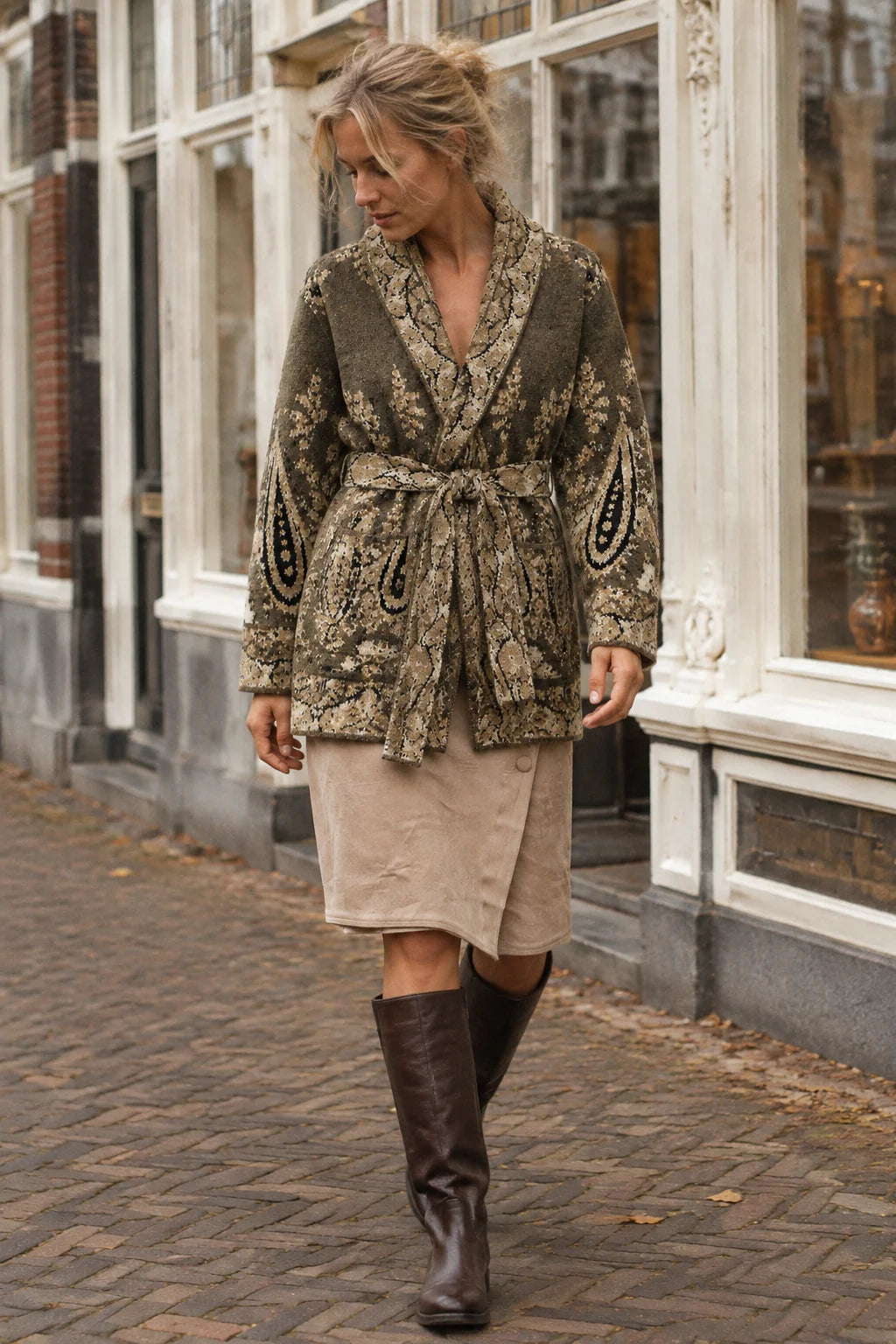 An’ge Paris lange Strickjacke NADINI Paisley Khaki-Olivbraun