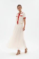 Ange Paris Polo Strick Cardigan Vayabi Baumwollmix Ecru Rot