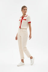 Ange Paris Polo Strick Cardigan Vayabi Baumwollmix Ecru Rot