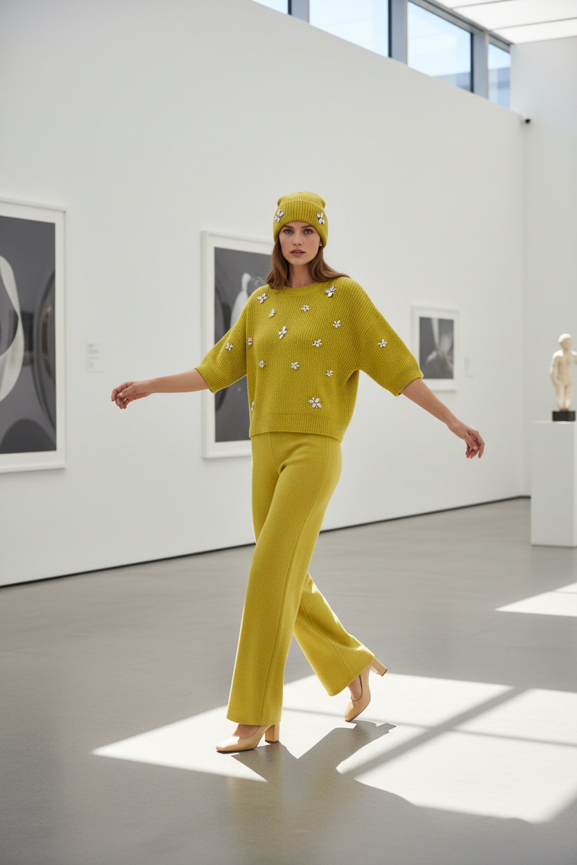 Ange Paris Produktbild - Gelbe Bonnet Mütze und Nelida Pullover im Museum