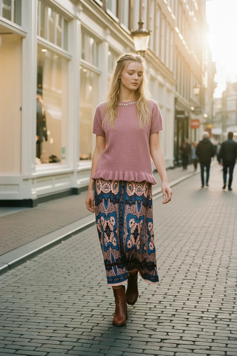 Ange Paris Nestorine Kurzarm-Strickpullover Rosa mit Rüschensaum