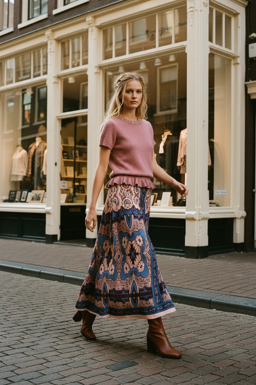 Ange Paris Nestorine Kurzarm-Strickpullover Rosa mit Rüschensaum