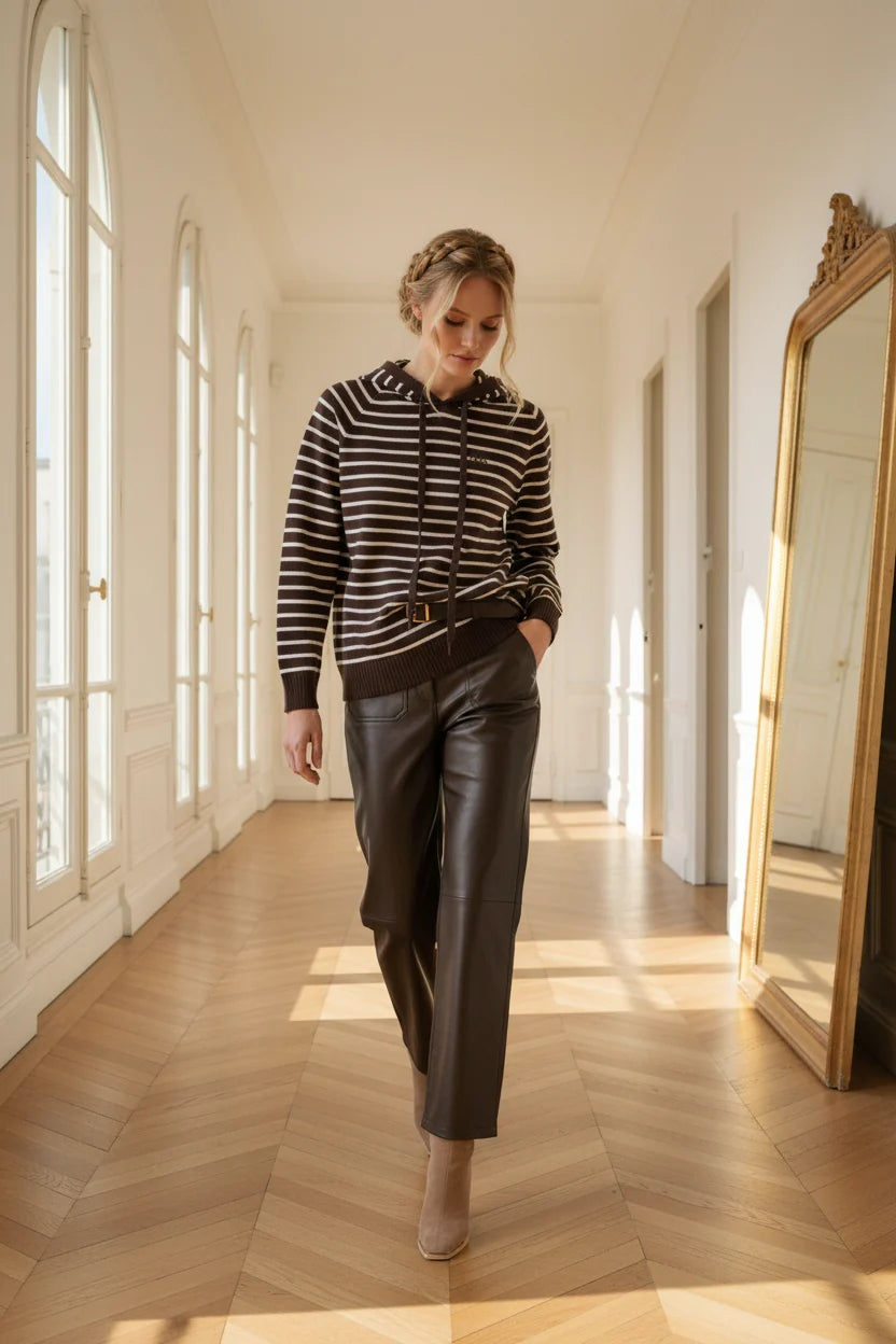 Ange Paris Strick-Hoodie Noris Mokka-Ecru gestreift