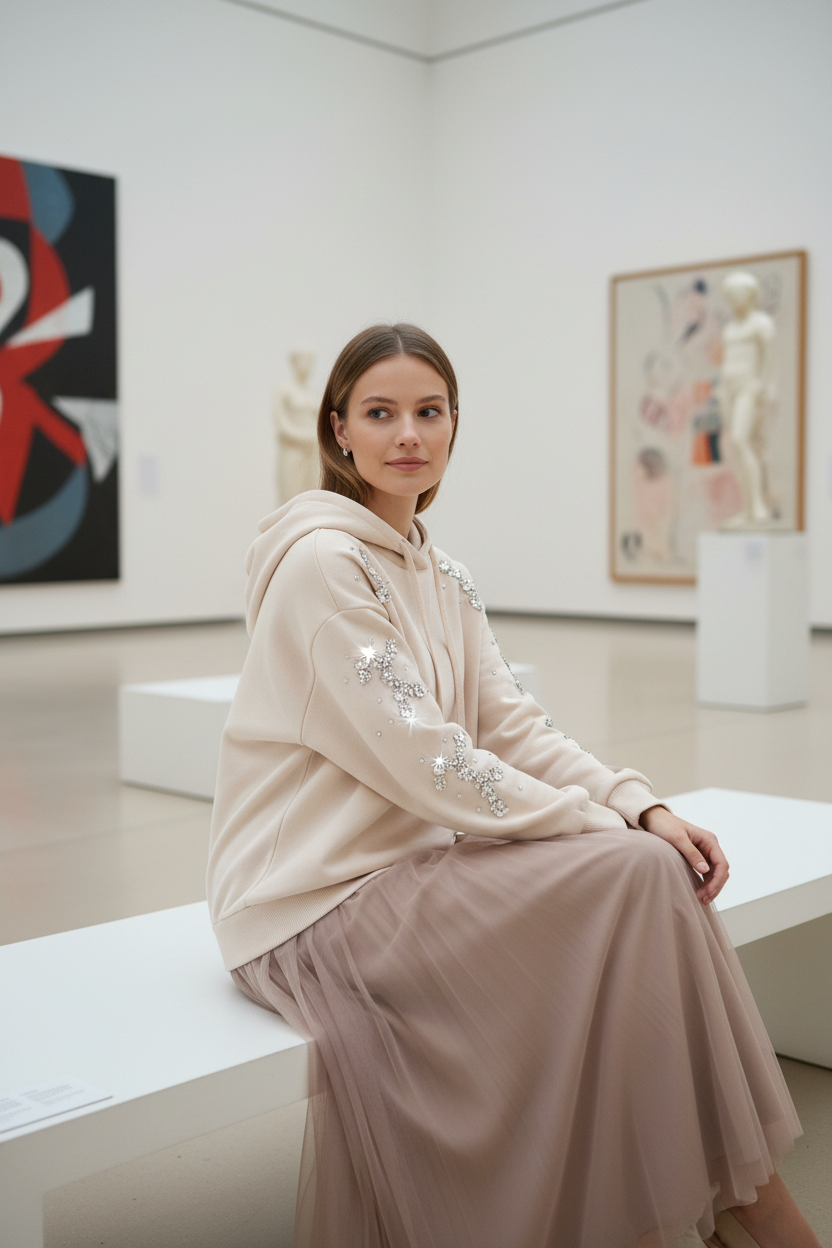 An'ge Paris Sweat Aroby - Glitzersteine Detail im Museum