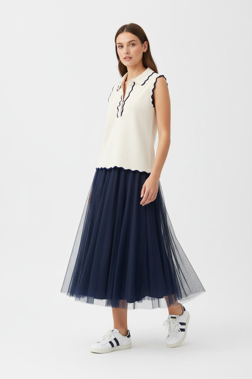 Ange Paris Feinstrick-Top Ecru ärmellos mit Polokragen