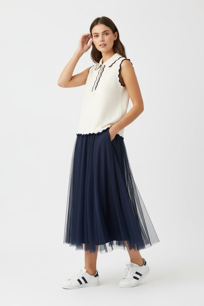 Ange Paris Feinstrick-Top Ecru ärmellos mit Polokragen