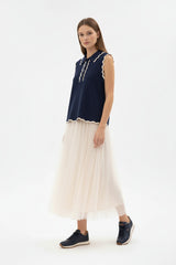 Ange Paris Feinstrick-Top Marine Blau ärmellos mit Polokragen