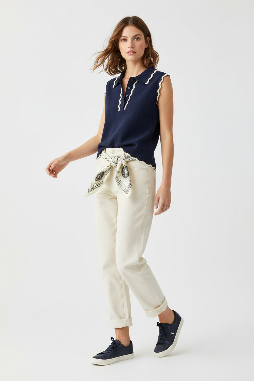 Ange Paris Feinstrick-Top Marine Blau ärmellos mit Polokragen