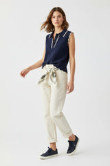 Ange Paris Feinstrick-Top Marine Blau ärmellos mit Polokragen