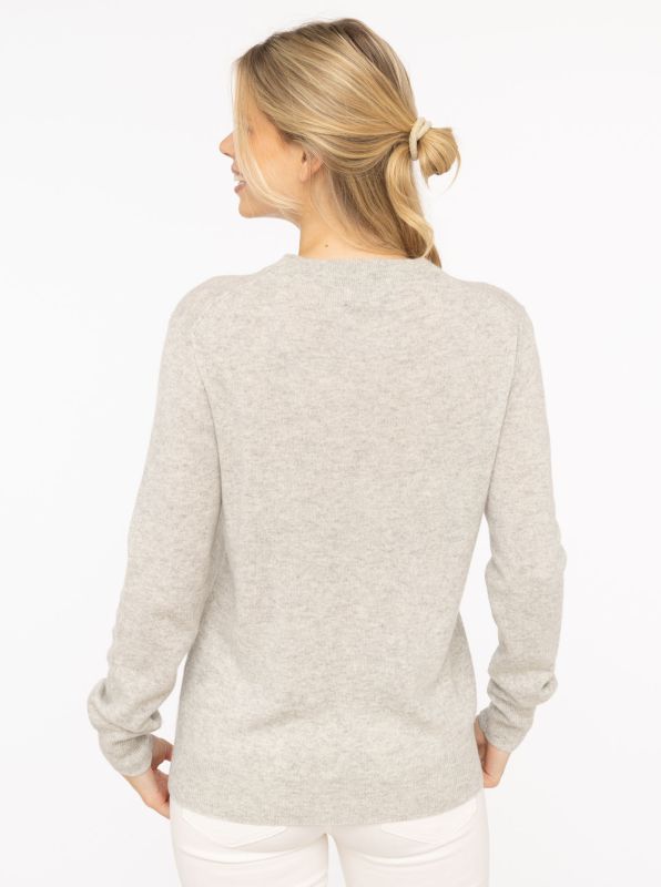 Zwillingsherz Kaschmirpullover hellgrau mit Dackel-Motiv - Rundhalspullover Damen