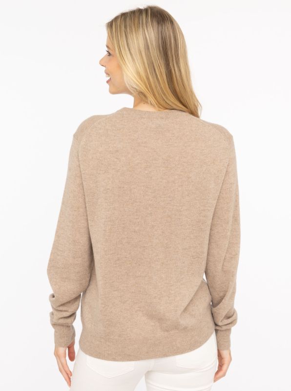 Zwillingsherz Pullover - 100% Kaschmir in Beige mit Hirsch in Creme