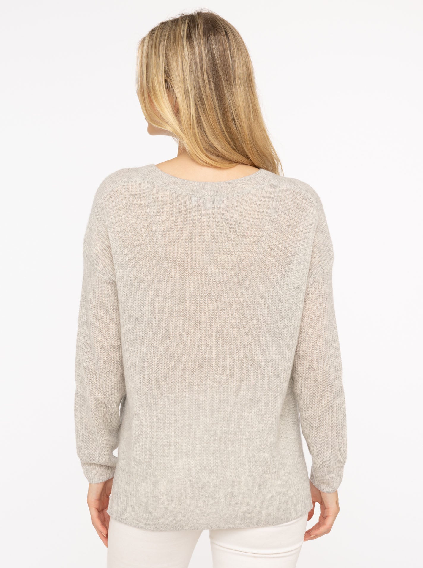 Zwillingsherz Rippstrick-Pullover - 100% Kaschmir - V-Ausschnitt - Hellgrau