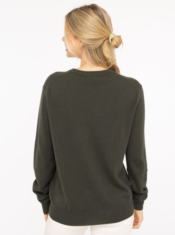 Zwillingsherz Pullover - 100% Kaschmir in Oliv-Grün mit rosa Hirsch