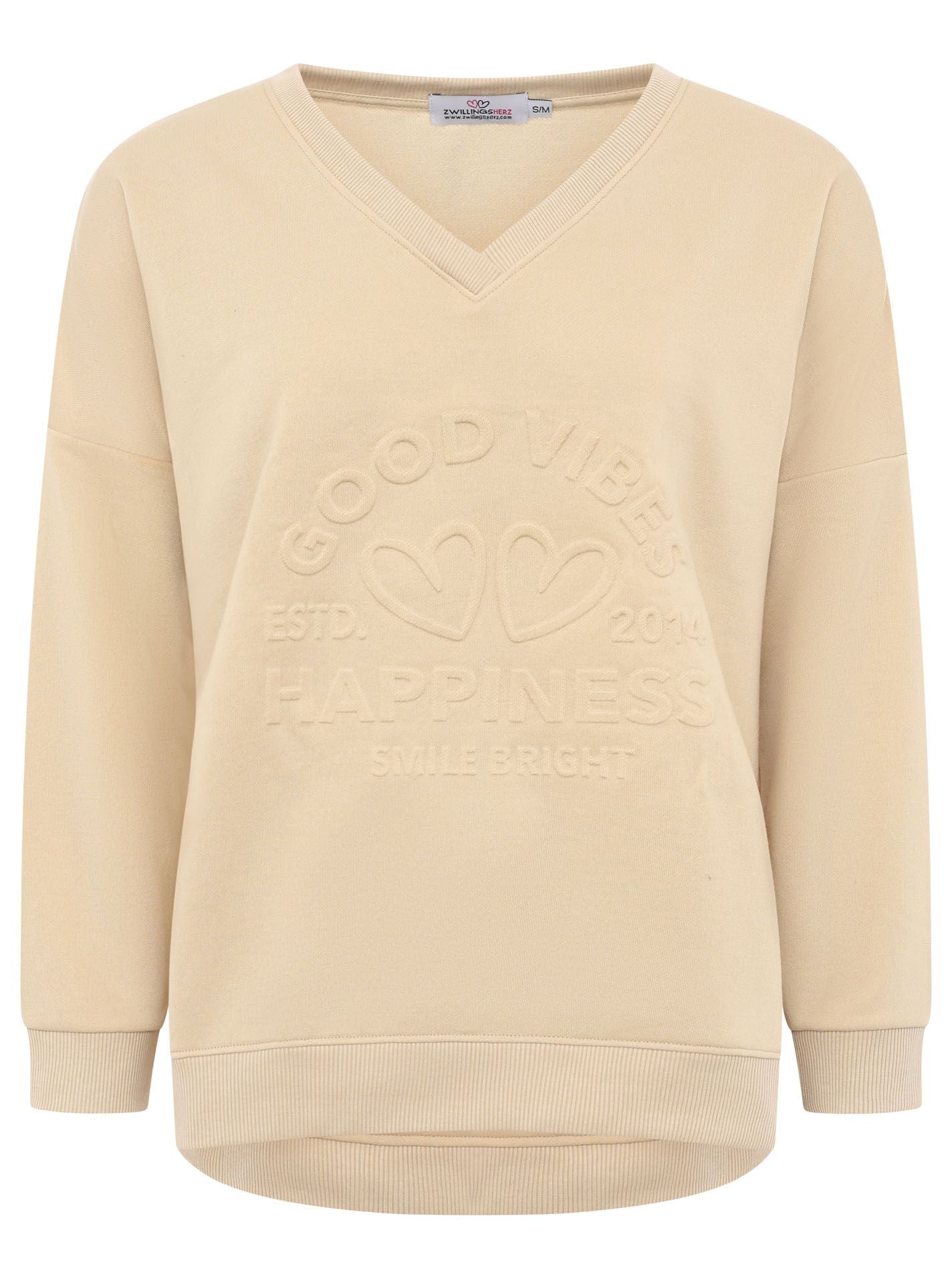 Zwillingsherz V-Neck Sweater "Happiness Vibes" Beige