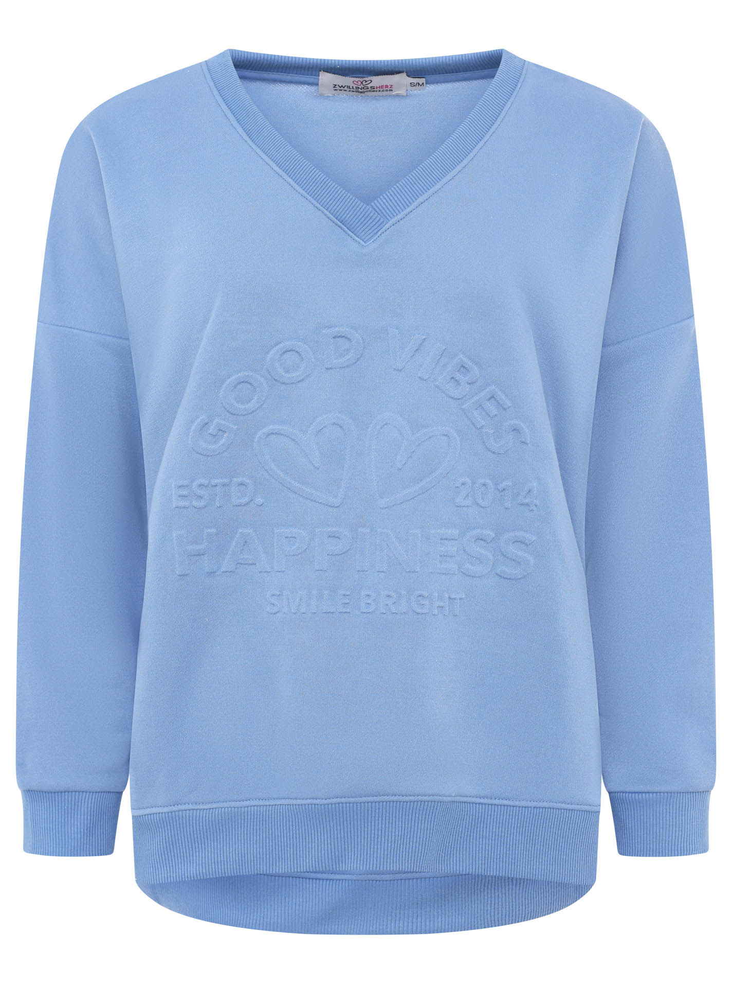 Zwillingsherz V-Neck Sweater "Happiness Vibes" in Blau
