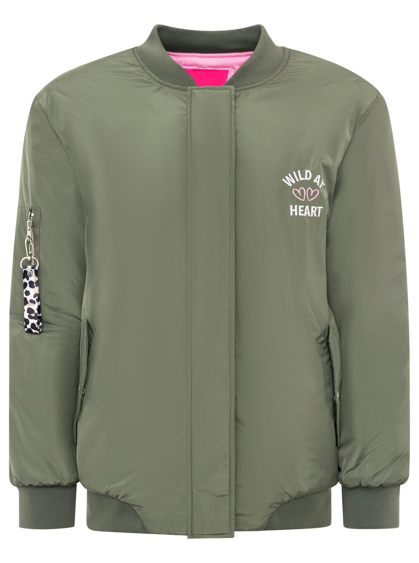 Zwillingsherz Bomberjacke "Wild at Heart" Olive - Statement-Jacke mit Leo-Print