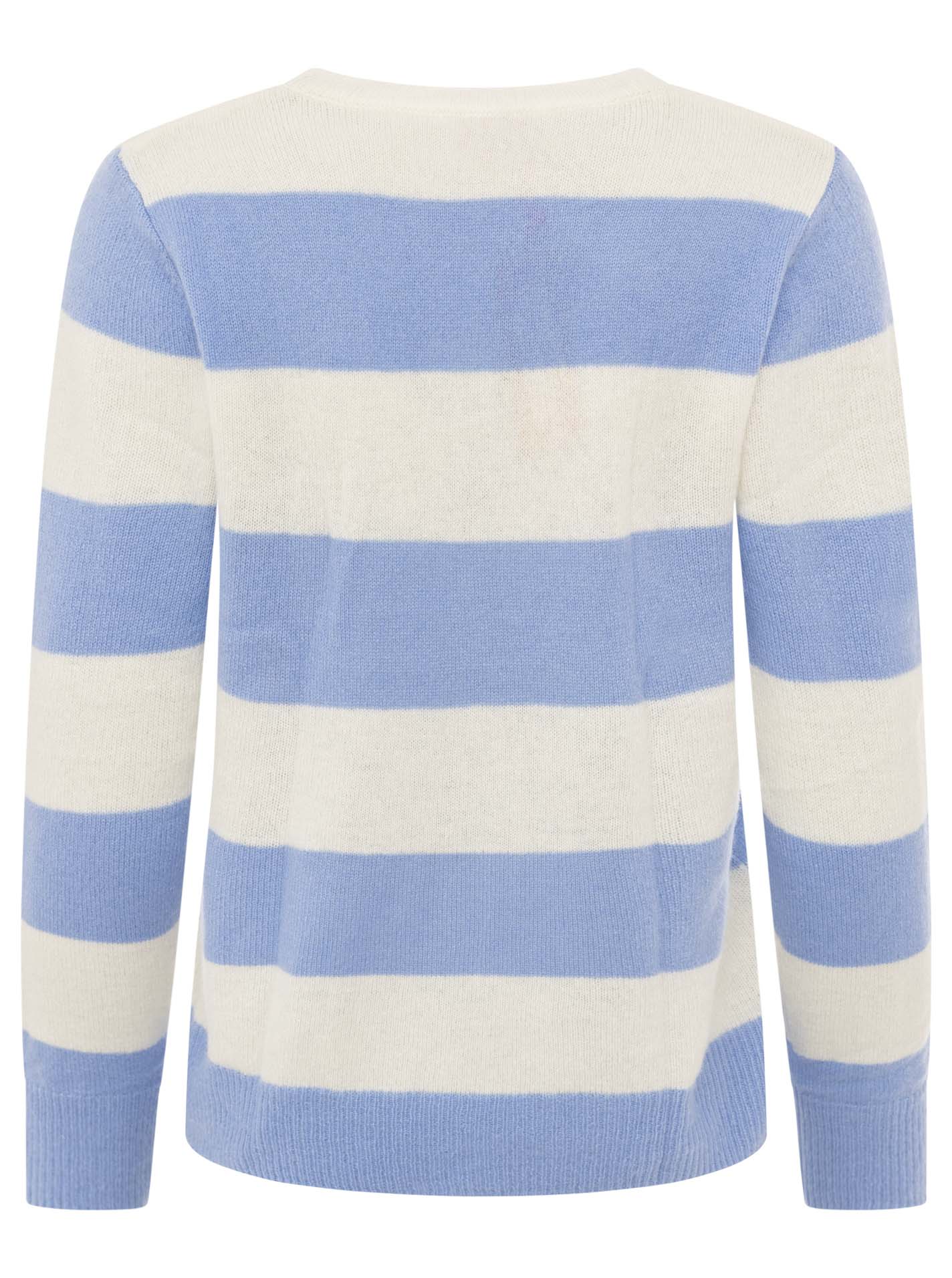 Zwillingsherz 100% Kaschmir Rundhalspullover Blockstreifen Hellblau Creme