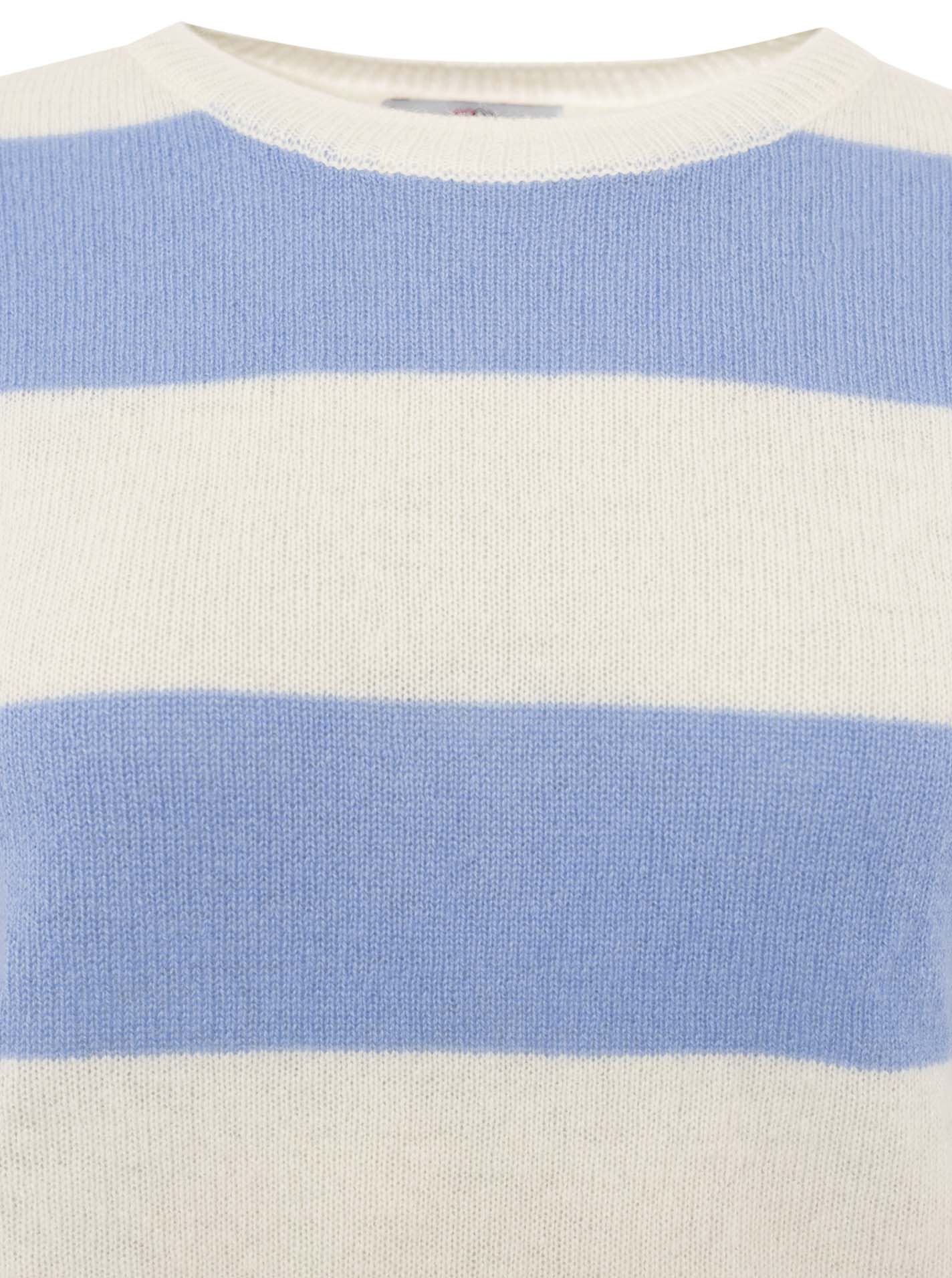Zwillingsherz 100% Kaschmir Rundhalspullover Blockstreifen Hellblau Creme