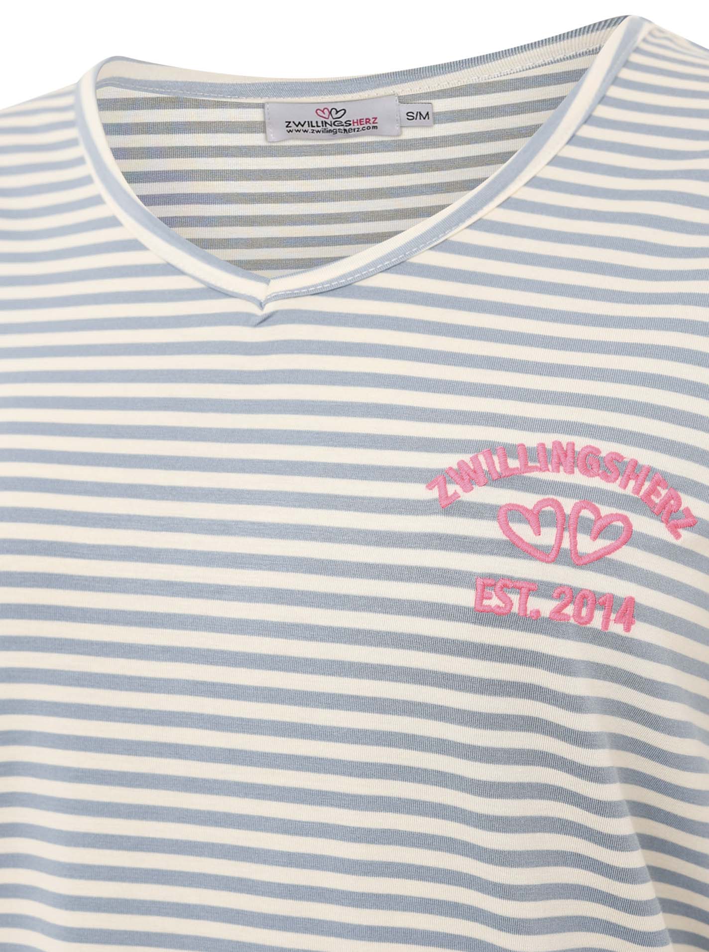 Zwillingsherz T-Shirt Streifen mit Zwillingsherz-Emblem Jeansblau-Weiß