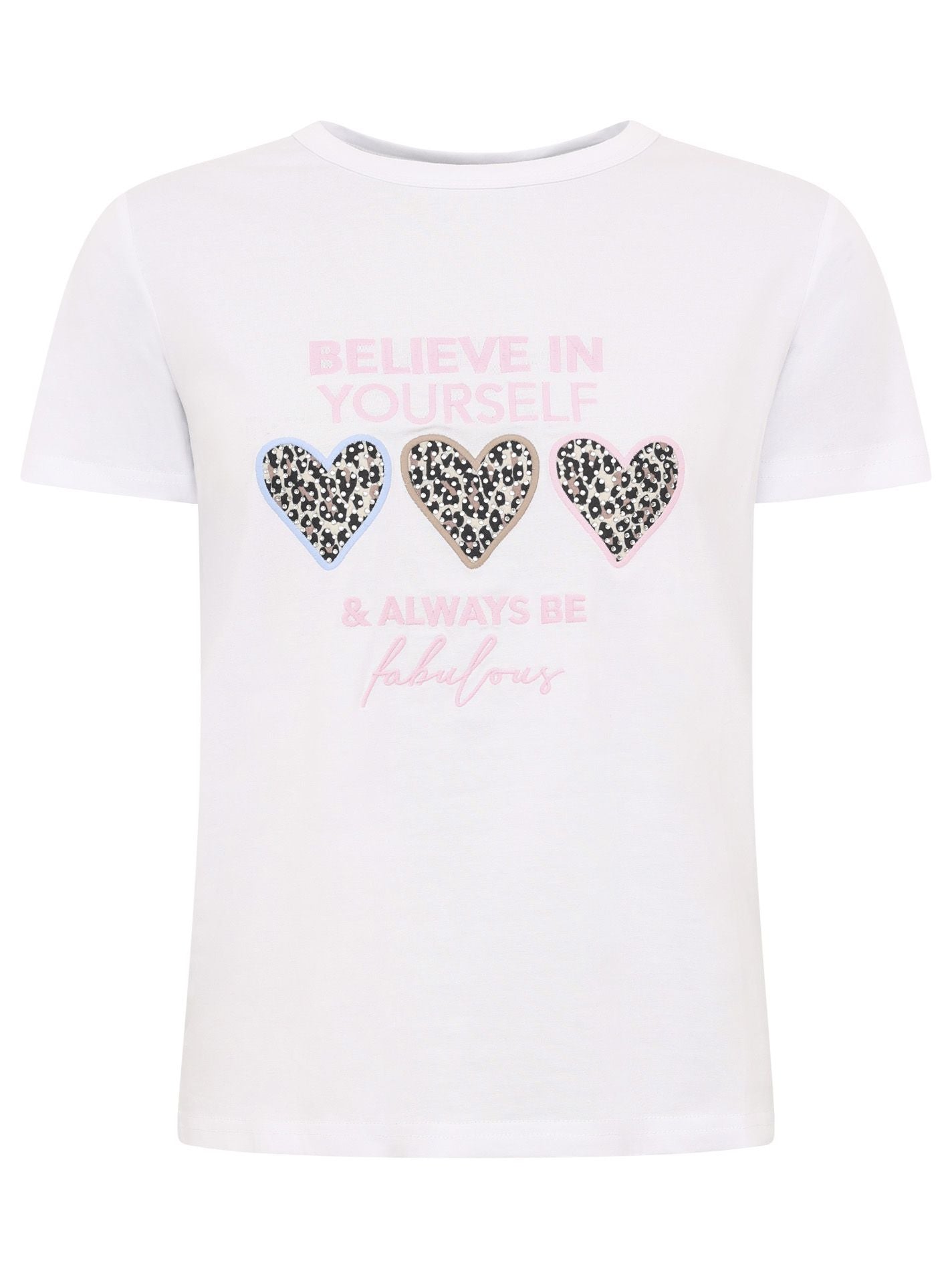 Zwillingsherz - T-Shirt "Always Believe" in Weiß - Mit Leoparden-Herzen