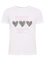 Zwillingsherz - T-Shirt "Always Believe" in Weiß - Mit Leoparden-Herzen