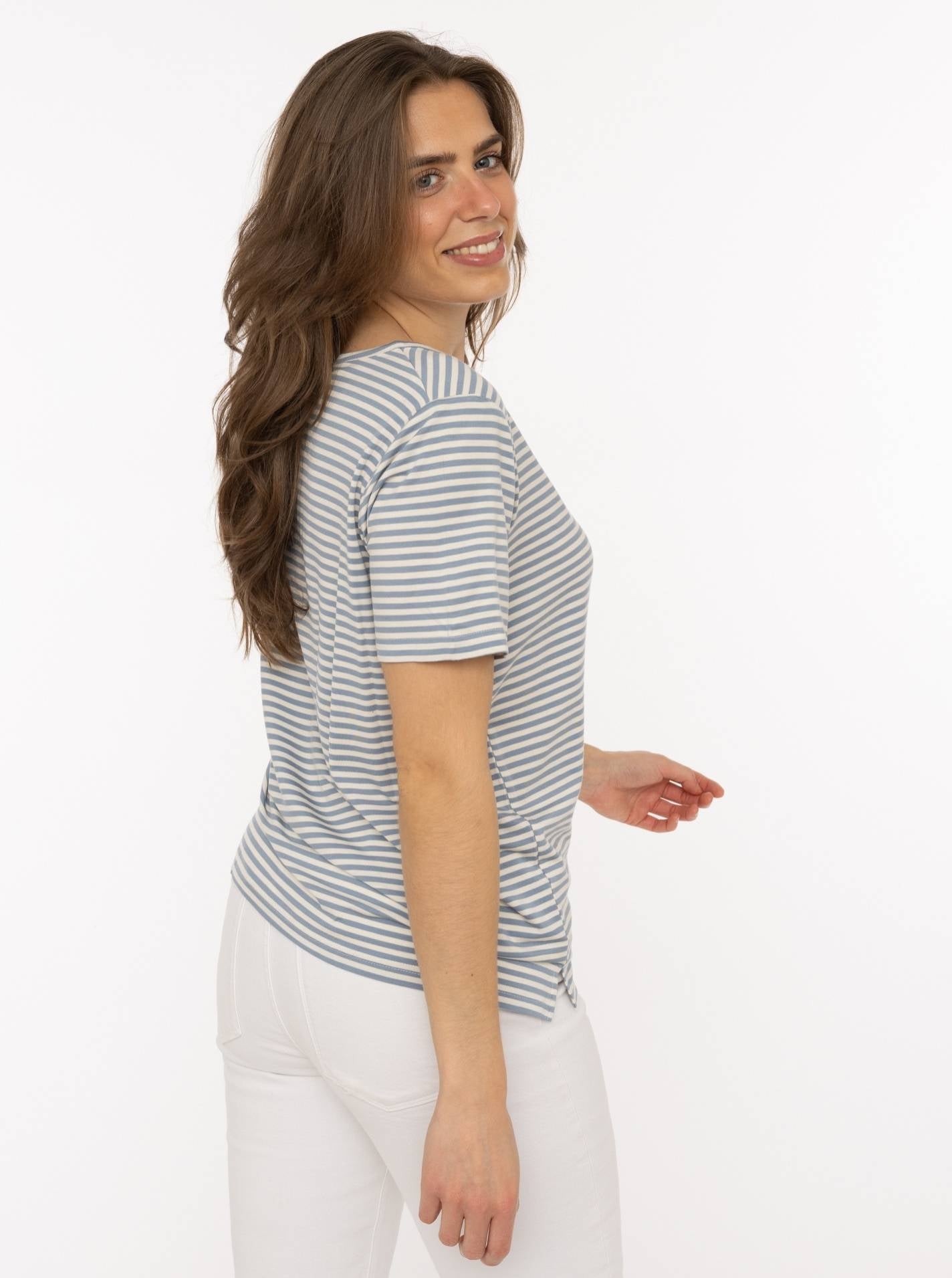 Zwillingsherz T-Shirt Streifen mit Zwillingsherz-Emblem Jeansblau-Weiß