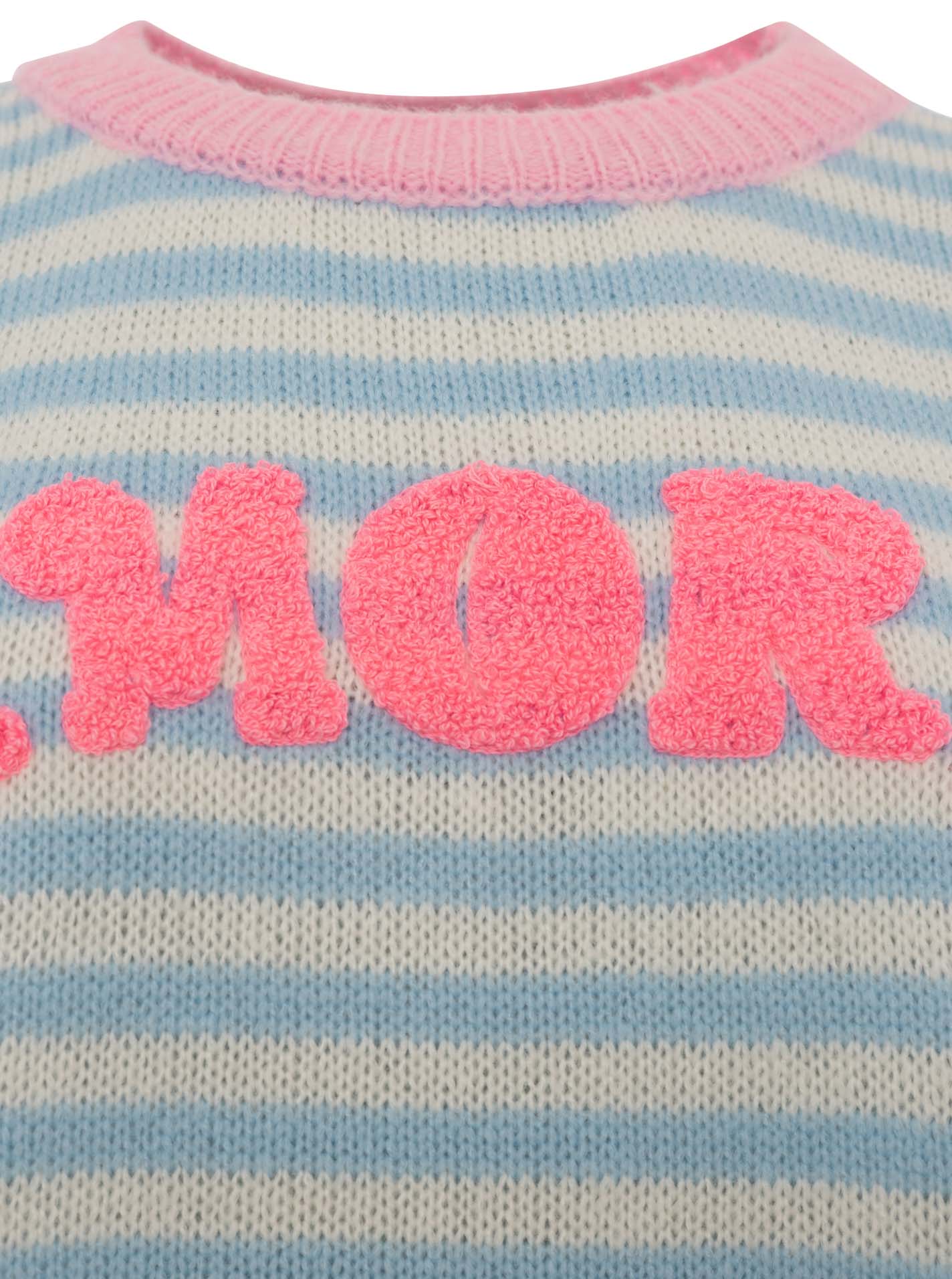 Zwillingsherz Kurzarm Pullover Wollmix "Amore" Hellblau - Streifenmuster mit Pink