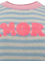 Zwillingsherz Kurzarm Pullover Wollmix "Amore" Hellblau - Streifenmuster mit Pink
