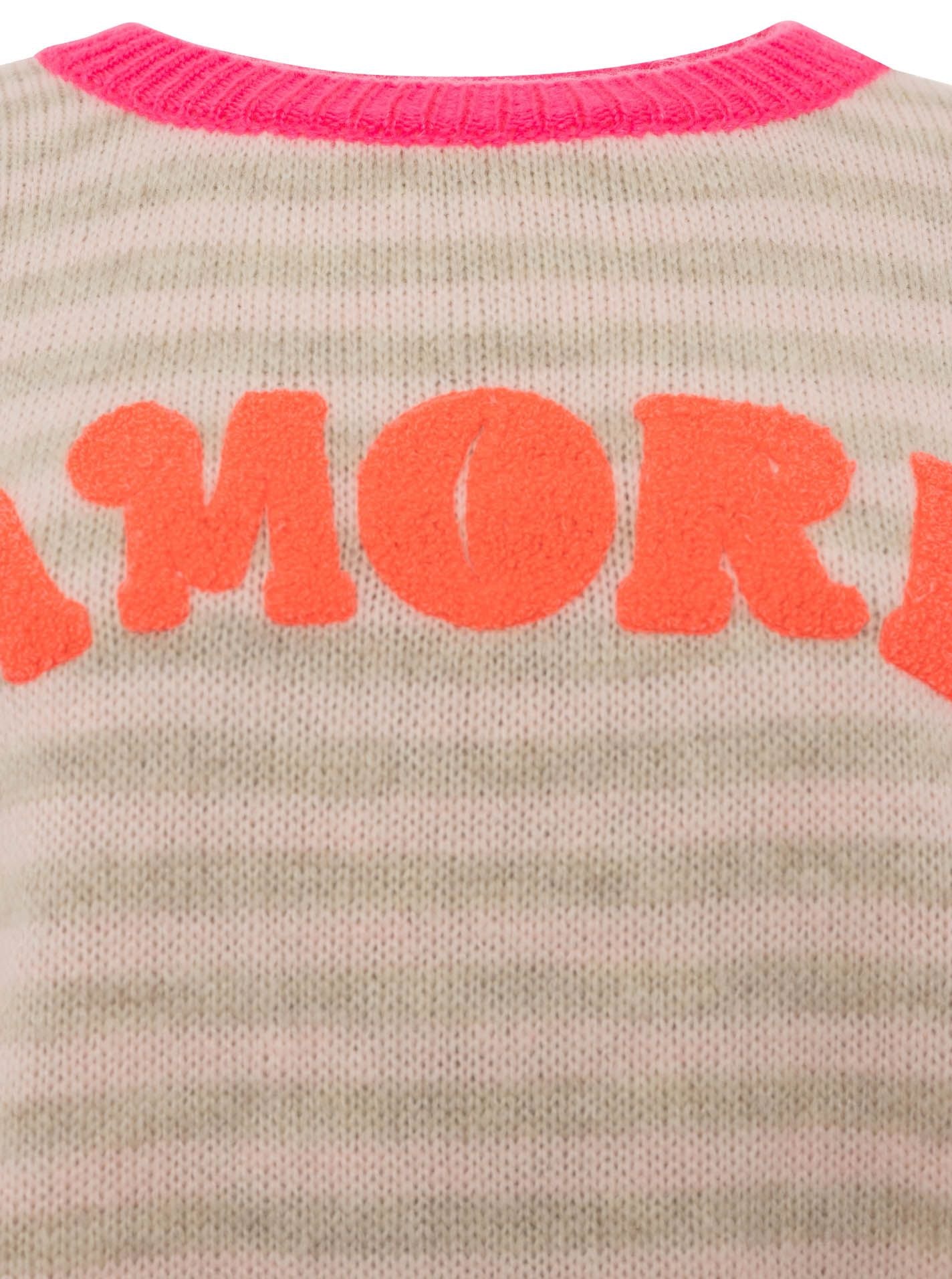 Zwillingsherz Kurzarm Pullover Wollmix "Amore" Beige - Streifenmuster mit Orange & Pink