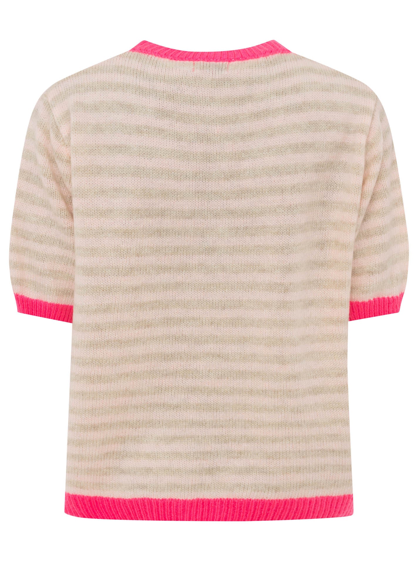 Zwillingsherz Kurzarm Pullover Wollmix "Amore" Beige - Streifenmuster mit Orange & Pink