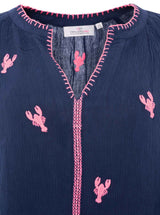 Zwillingsherz Bluse Gestickte Hummer - Dunkel-Blau | Maritime Stickerei | Viskose