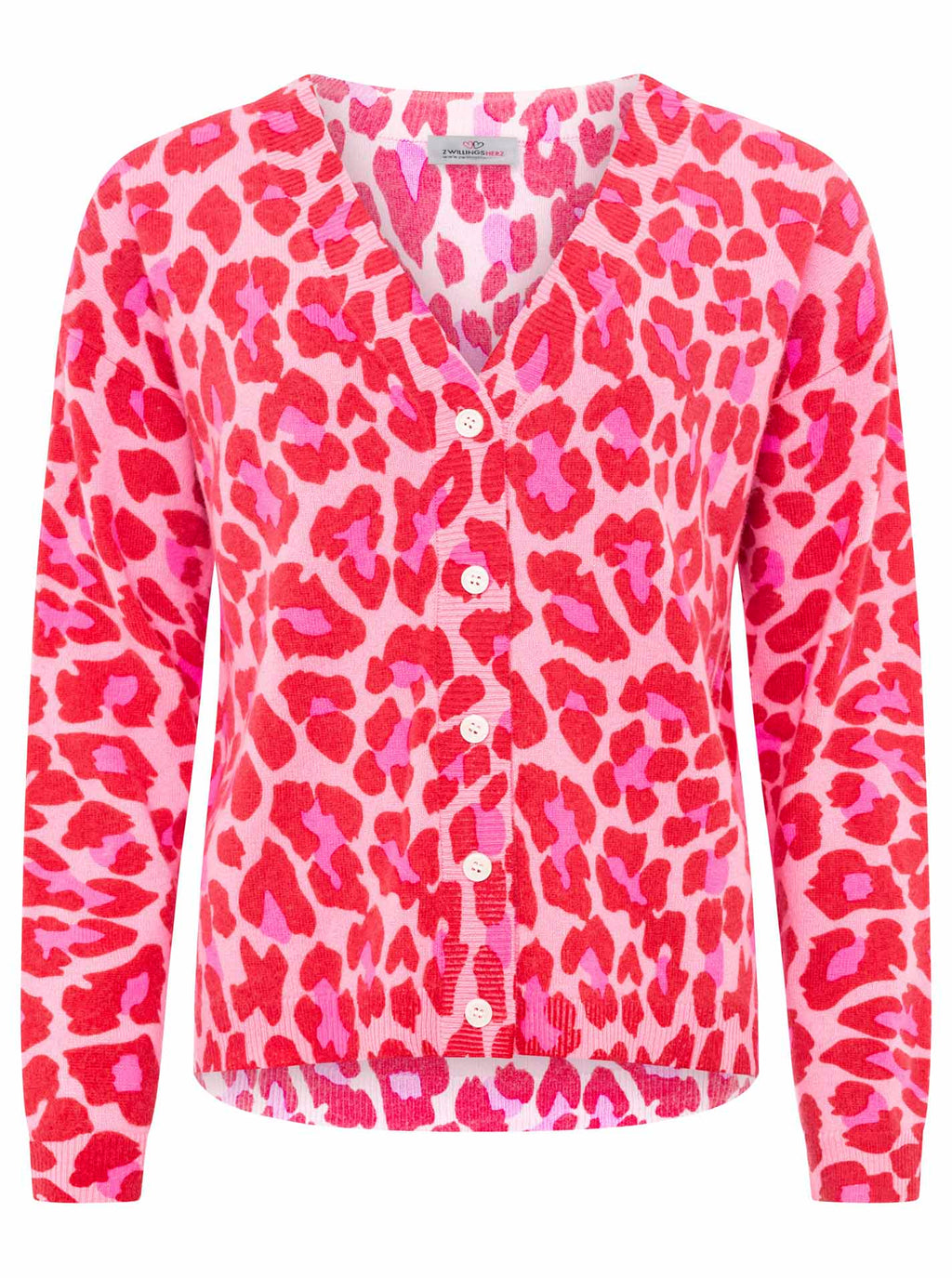 Zwillingsherz Cardigan mit Knöpfen - 100% Kaschmir - Leoprint - Bubblegum