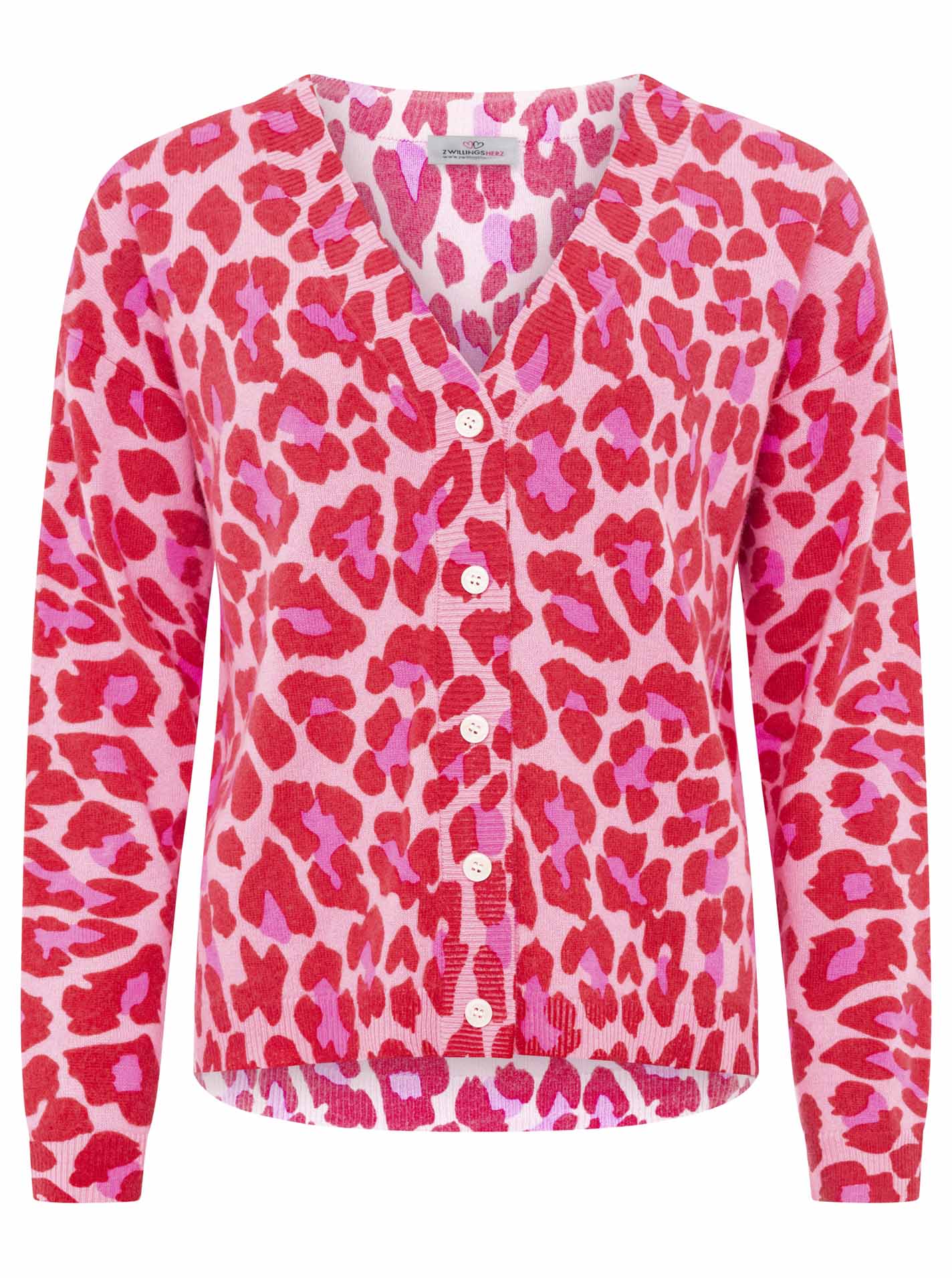 Zwillingsherz Cardigan mit Knöpfen - 100% Kaschmir - Leoprint - Bubblegum