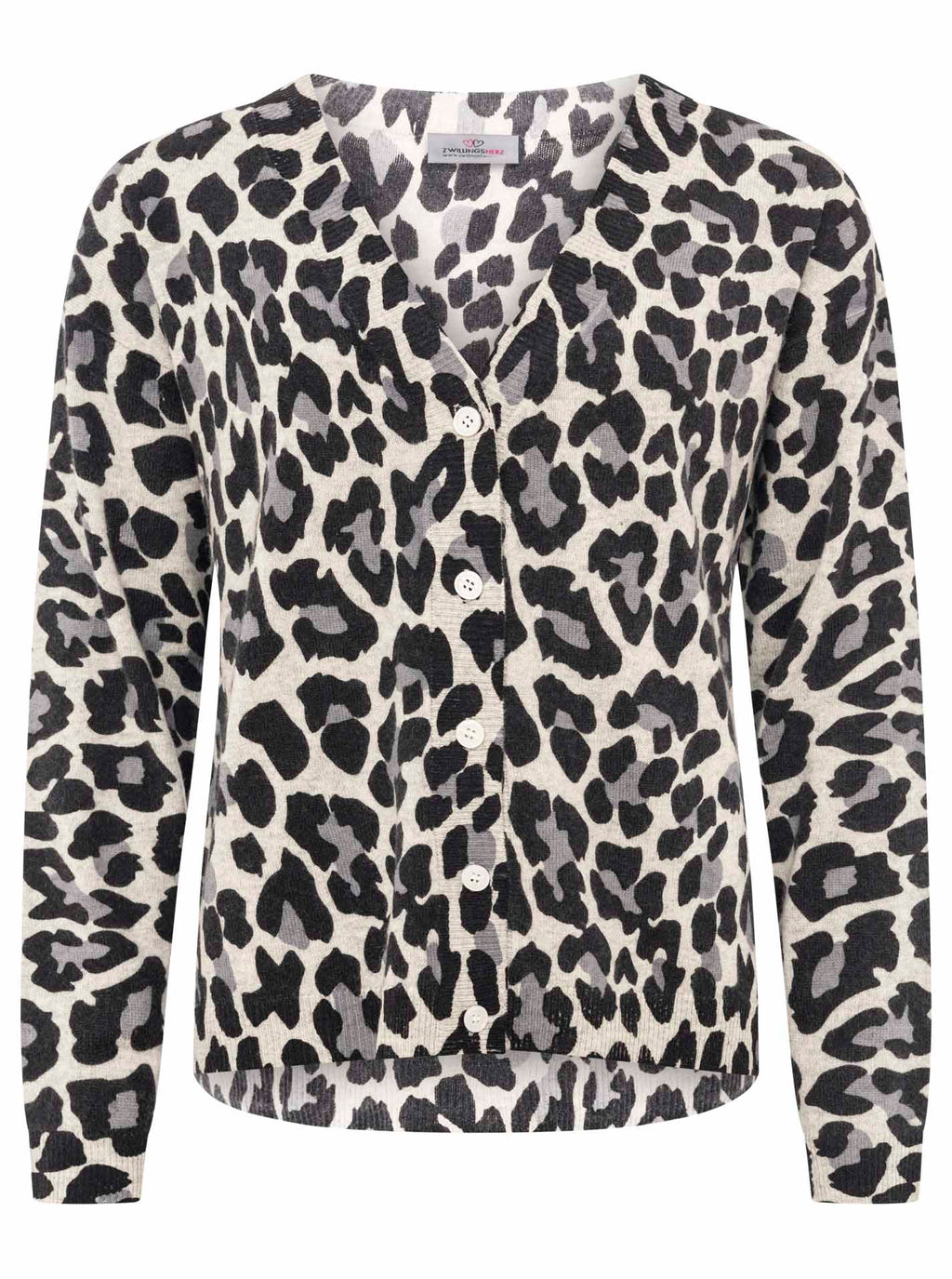 Zwillingsherz Cardigan mit Knöpfen - 100% Kaschmir - Leoprint - Hellgrau