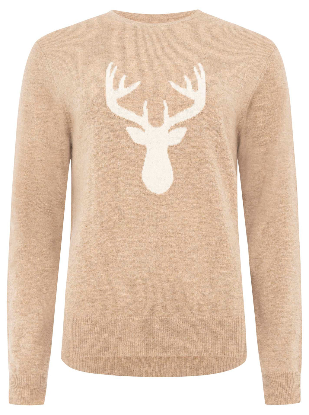 Zwillingsherz Pullover - 100% Kaschmir in Beige mit Hirsch in Creme