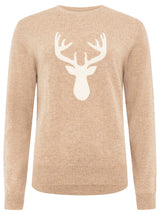 Zwillingsherz Pullover - 100% Kaschmir in Beige mit Hirsch in Creme