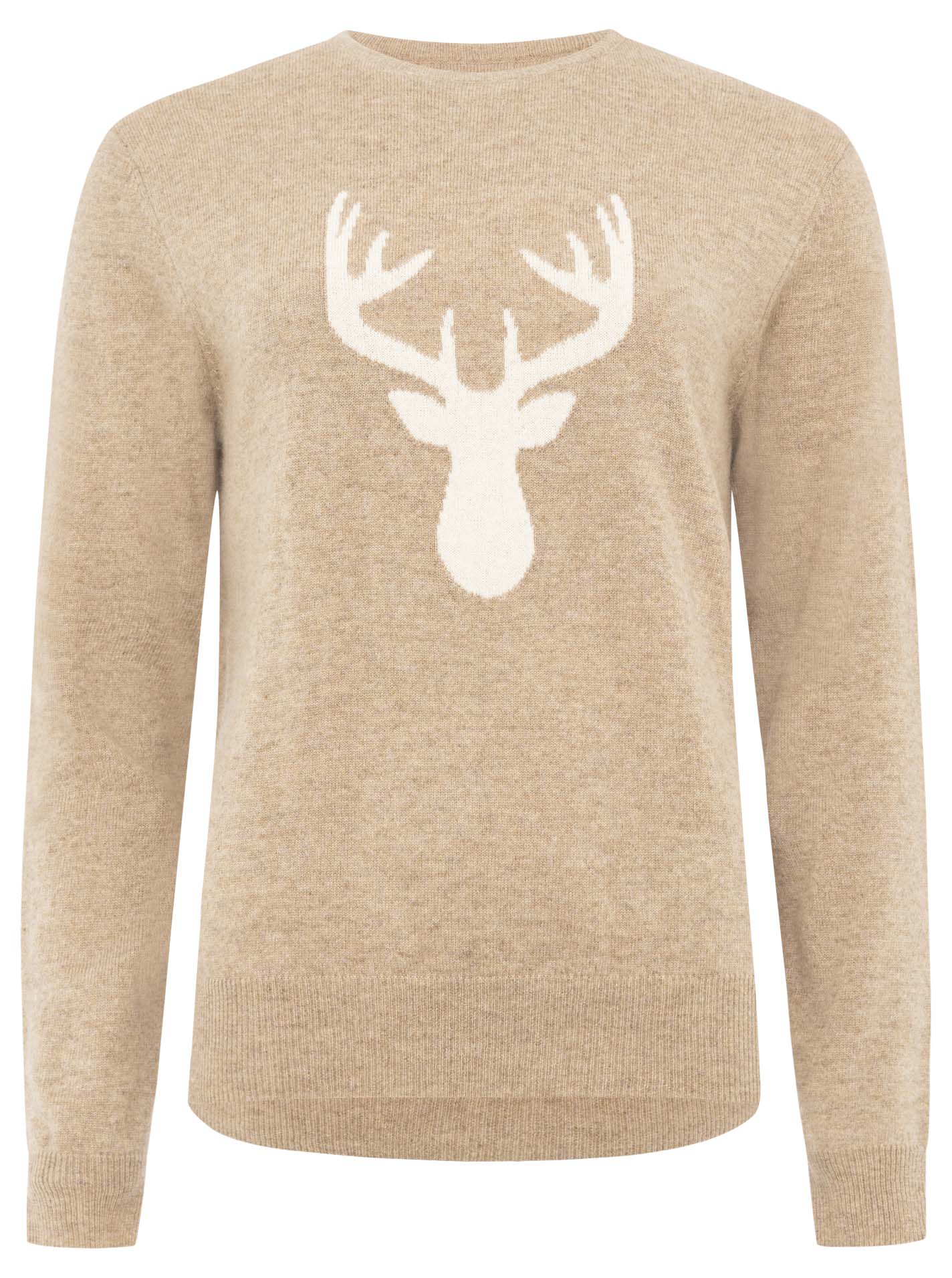 Zwillingsherz Pullover - 100% Kaschmir in Beige mit Hirsch in Creme