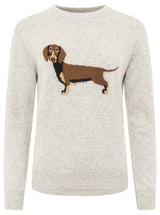 Zwillingsherz Kaschmirpullover hellgrau mit Dackel-Motiv - Rundhalspullover Damen