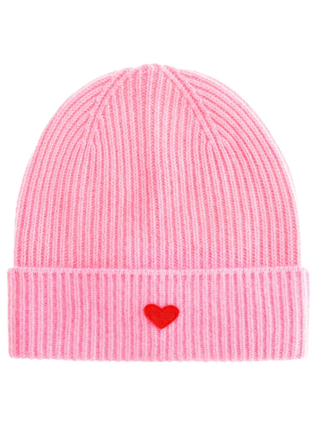 Zwillingsherz Kaschmir-Umschlag-Mütze - 100% Kaschmir, Rosa mit rotem Herz