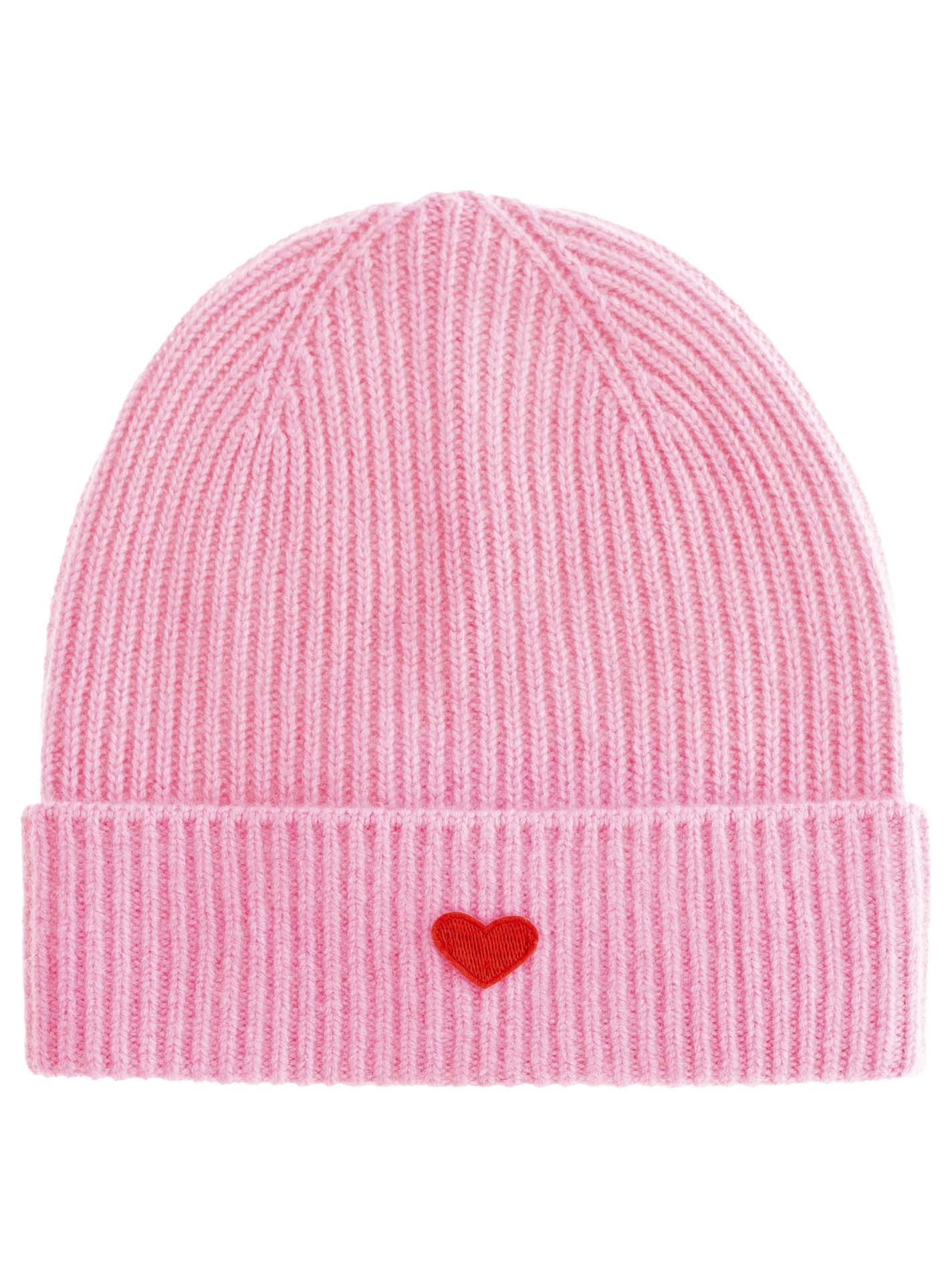 Zwillingsherz Kaschmir-Umschlag-Mütze - 100% Kaschmir, Rosa mit rotem Herz